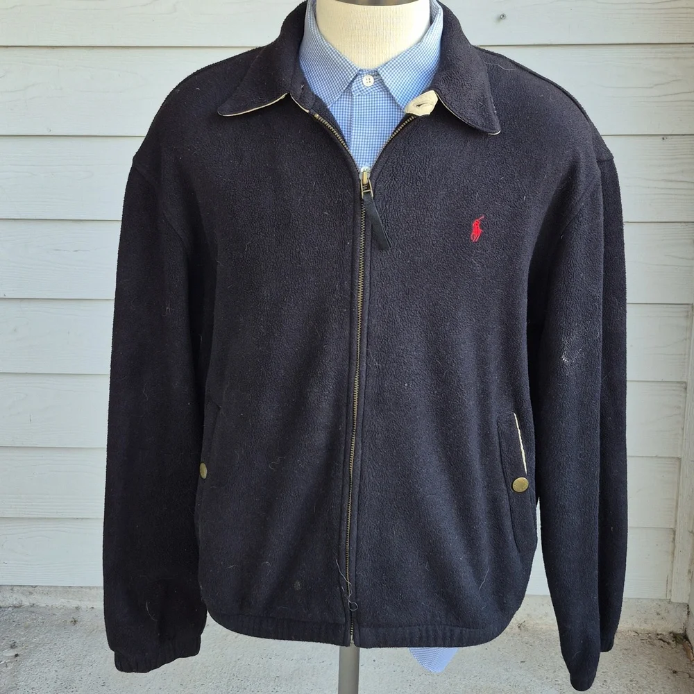 POLO Ralph Lauren Black Red Pony Polyester Fleece Mens Large Full Zip Jacket VTG